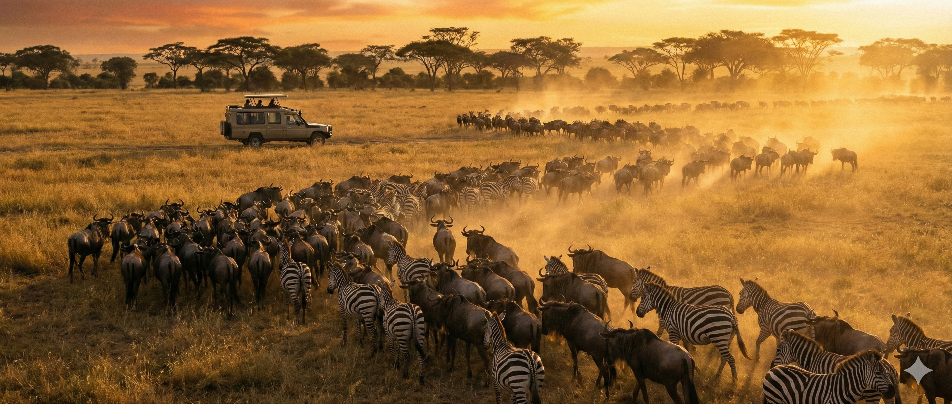 坦尚尼亞賽倫蓋蒂大草原，角馬與斑馬群正在進行動物大遷徙渡河，背景是日落與遠處的獵遊車輛。
