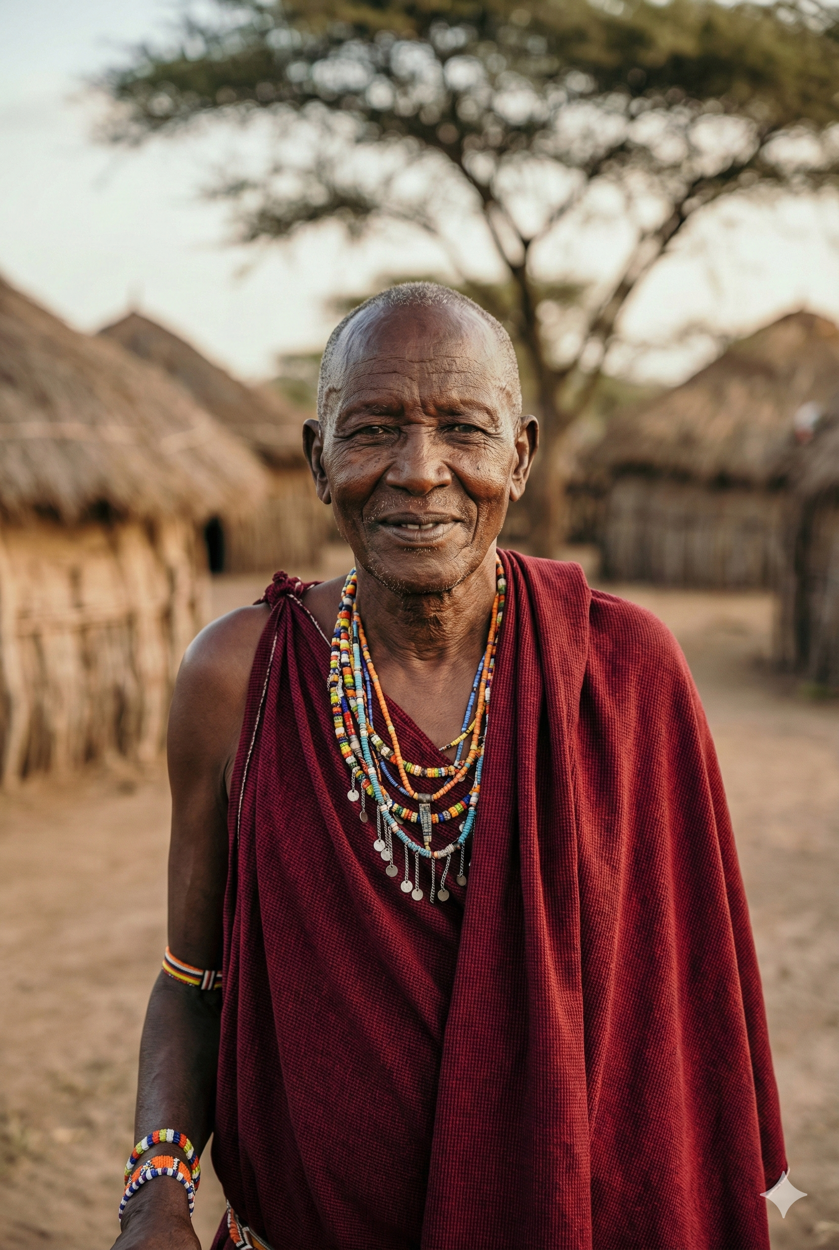 一位面帶微笑的馬賽族長老，身穿紅色傳統服飾並佩戴豐富的珠飾，背景是傳統的茅草屋。