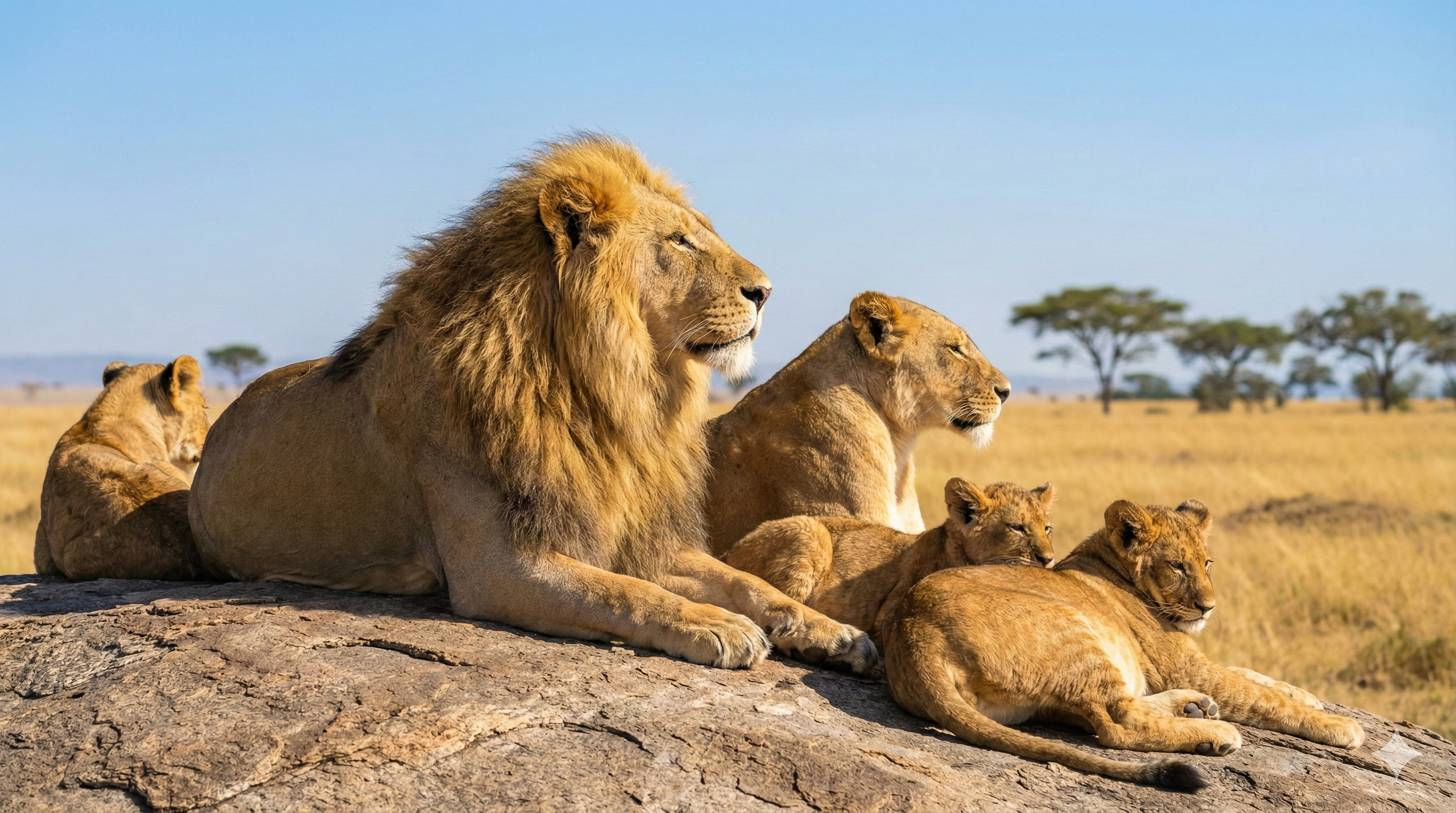 一群獅子，包括母獅和幼獅，在岩石上休息。背景可見大象和長頸鹿，代表著非洲五霸。