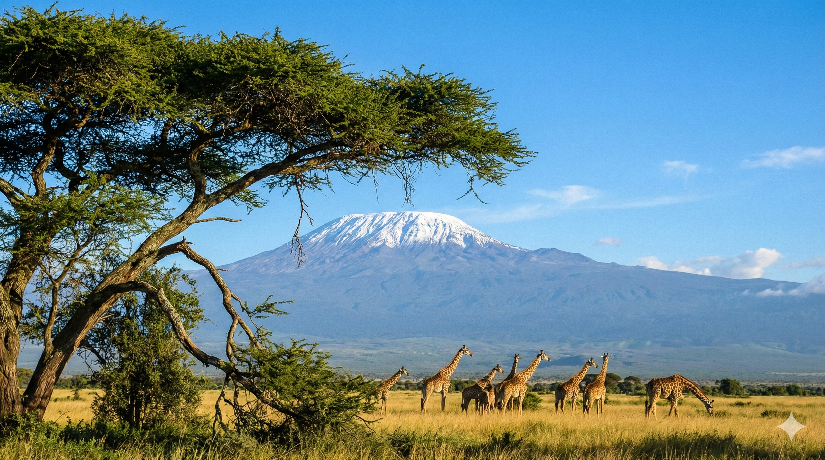 非洲最高峰吉力馬札羅山的雪白山頂，在日出時分被染成金黃色，前景是金合歡樹和吃草的瞪羚。