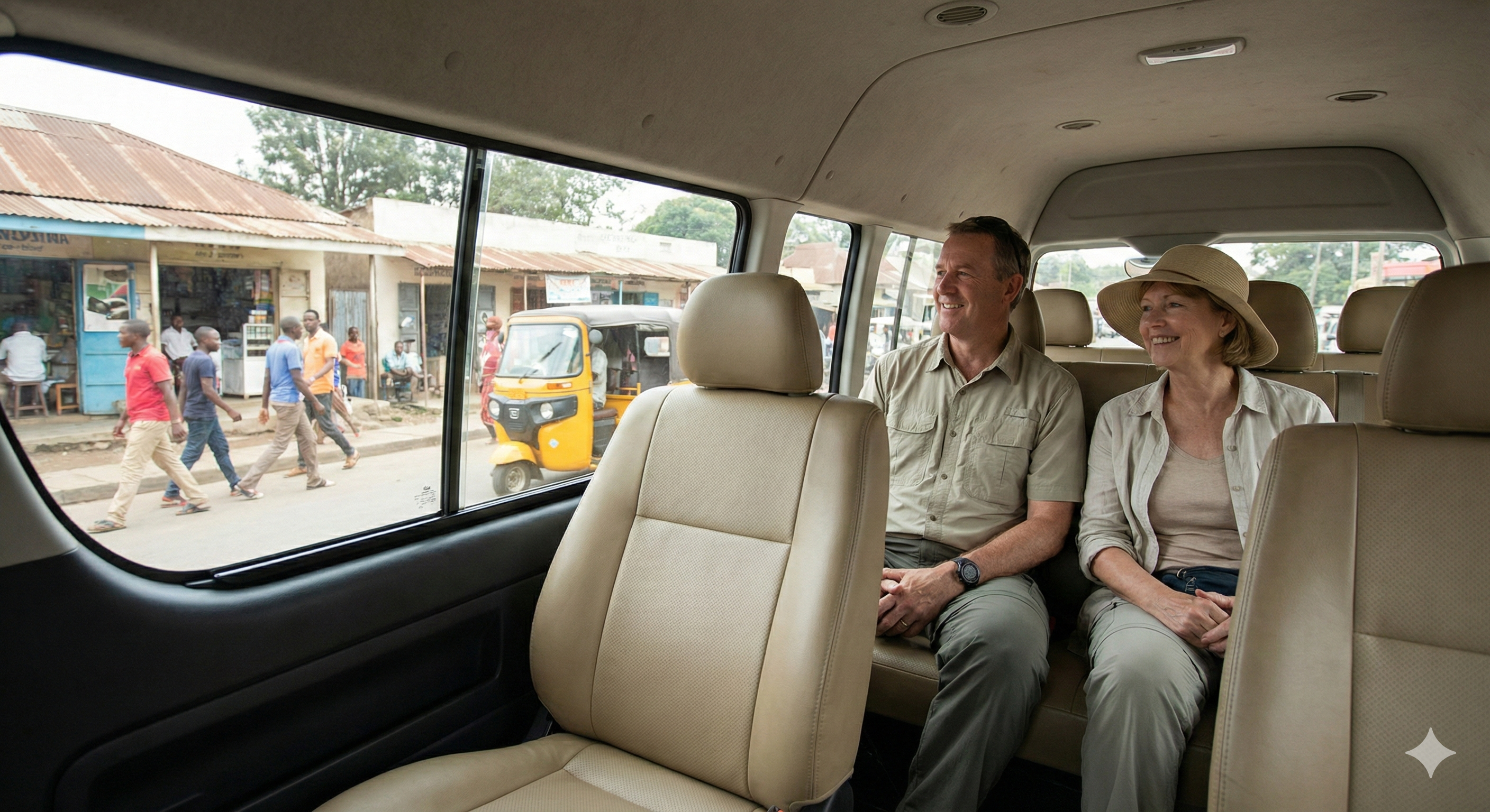 在坦尚尼亞阿魯沙市區，遊客乘坐合格的計程車移動，窗外是繁忙但和平的街道景象。