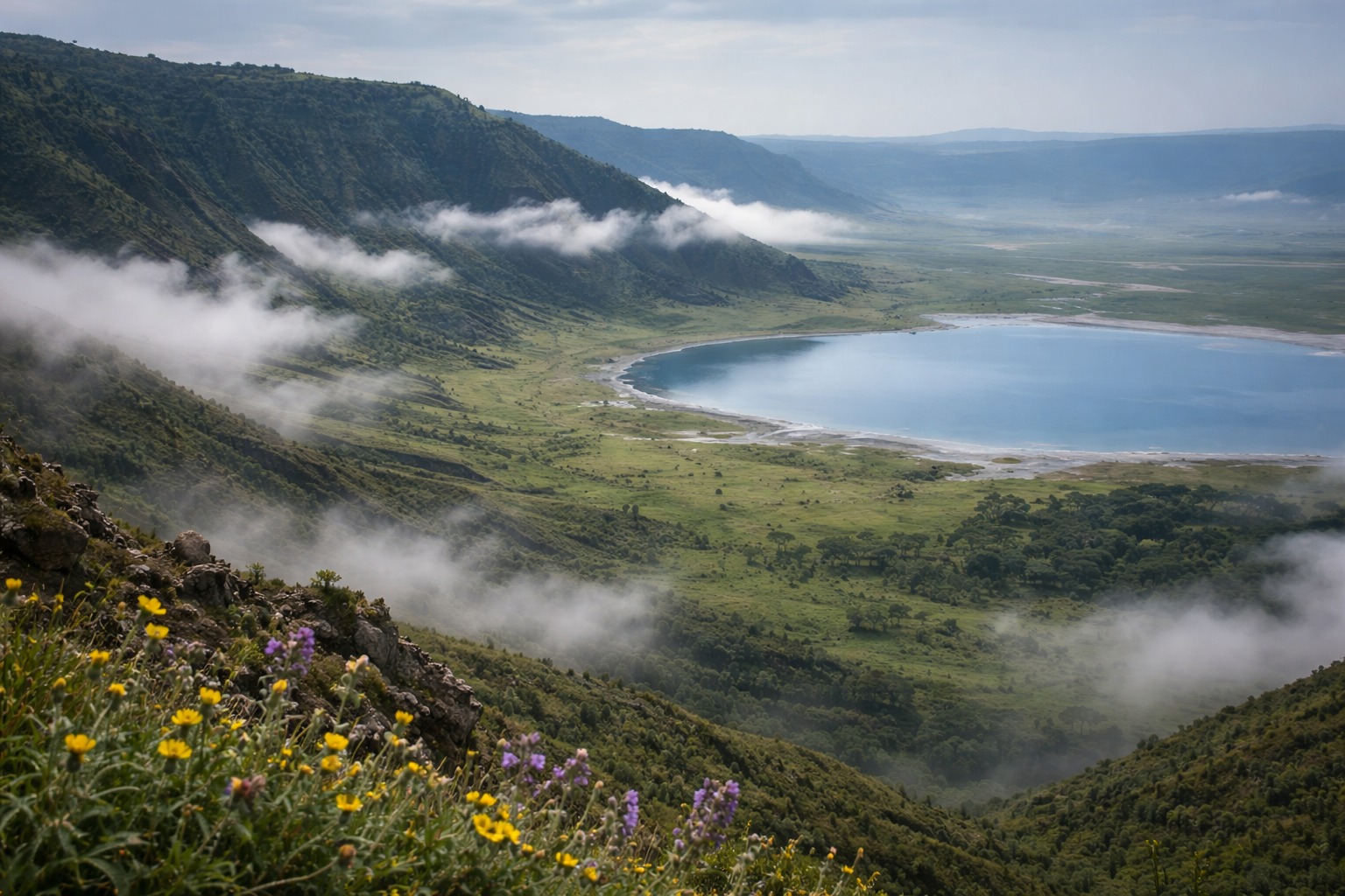從高處俯瞰恩戈羅恩戈羅火山口，綠色的火山口底部有湖泊，斑馬和大象在其中漫步。