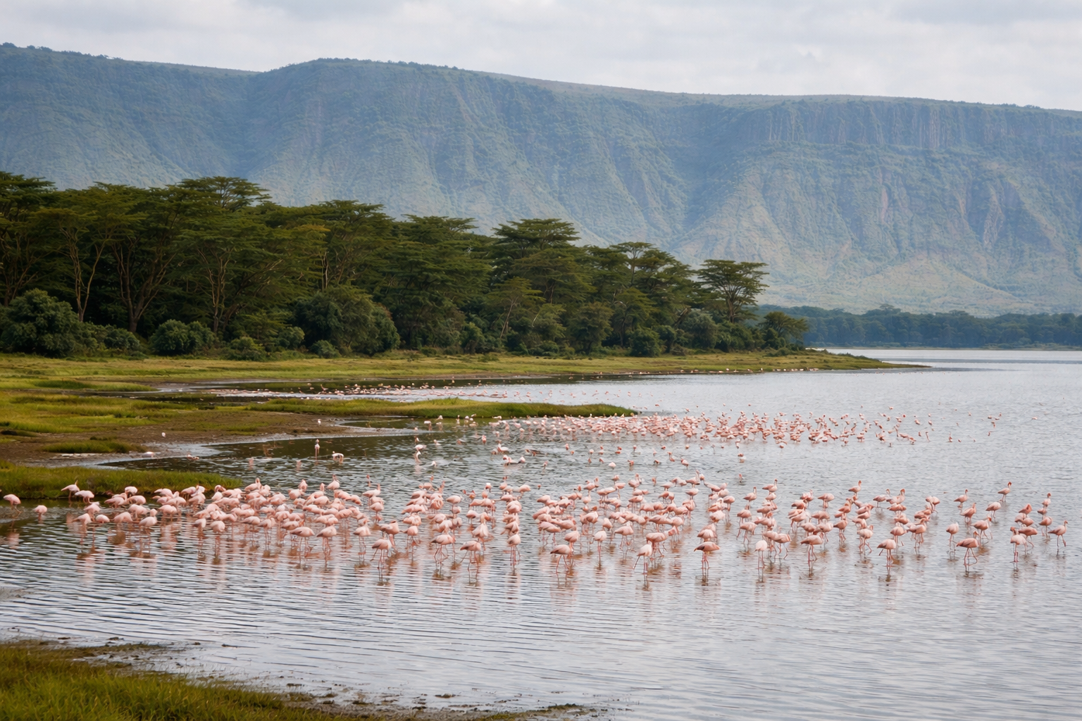 曼雅拉湖的湖岸邊，成千上萬的粉紅火烈鳥棲息，背景是東非大裂谷的陡峭岩壁。