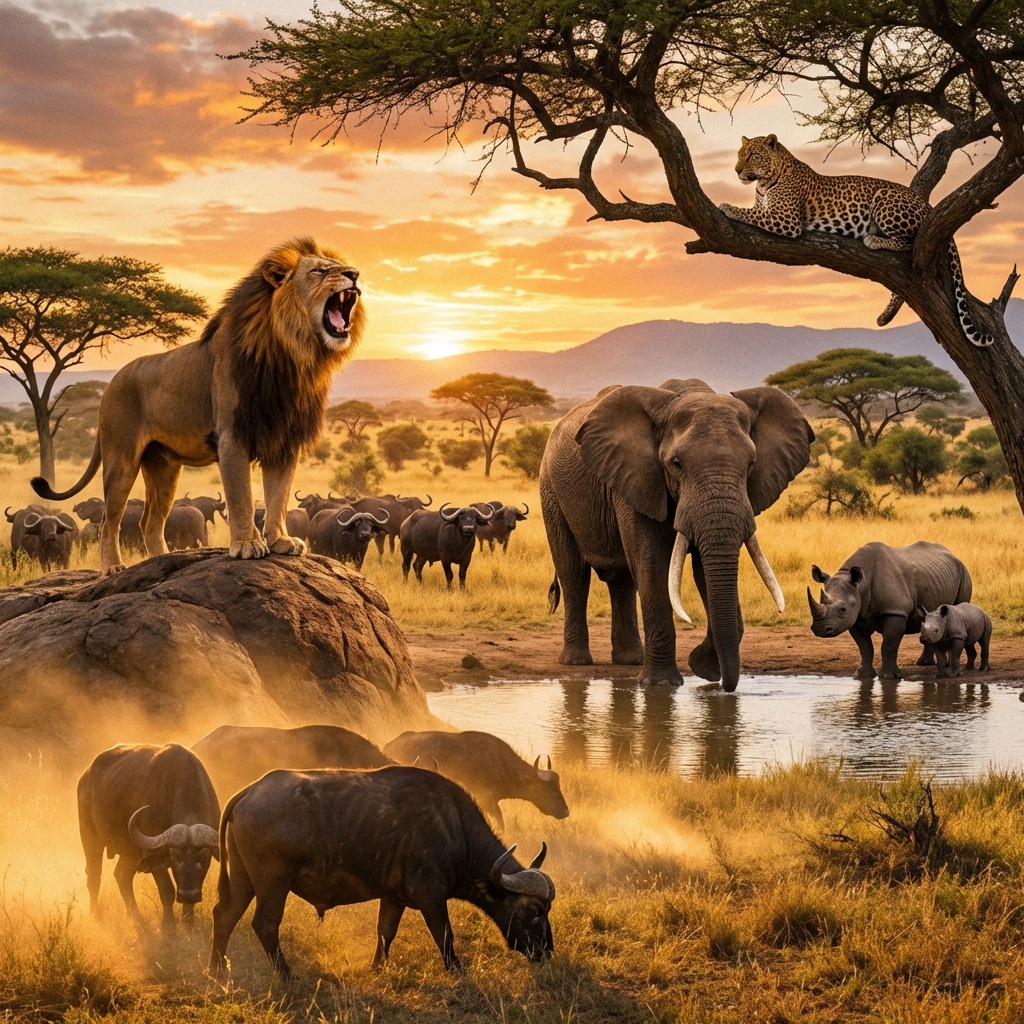 非洲五霸（Big Five）：獅子、大象、水牛、豹、犀牛